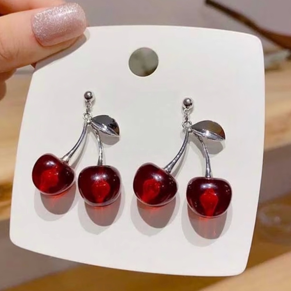 Cherry Dangle Earrings - Silvertone NEW